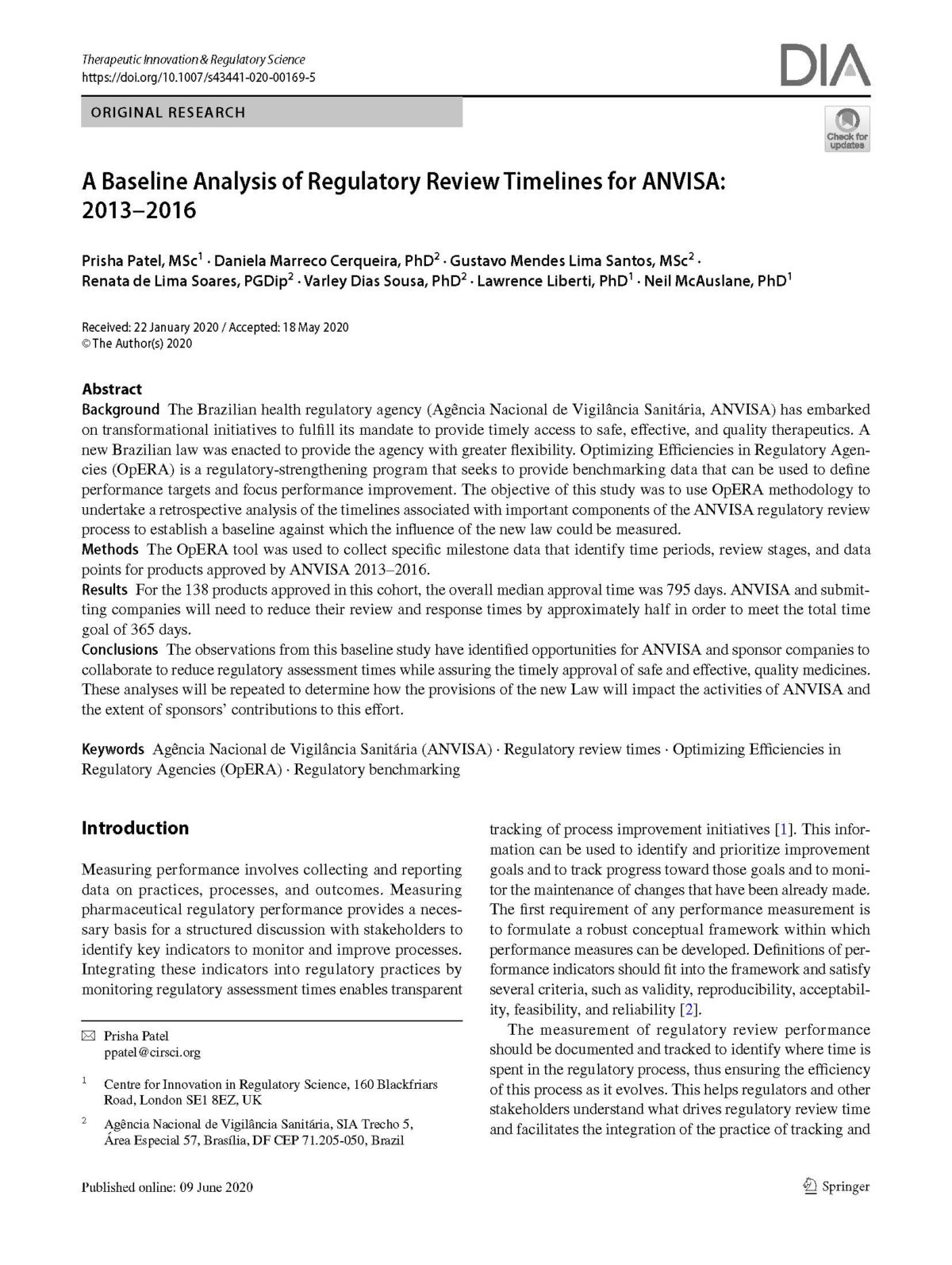 Patel et al 2020 Analysis of regulatory review timelines for ANVISA