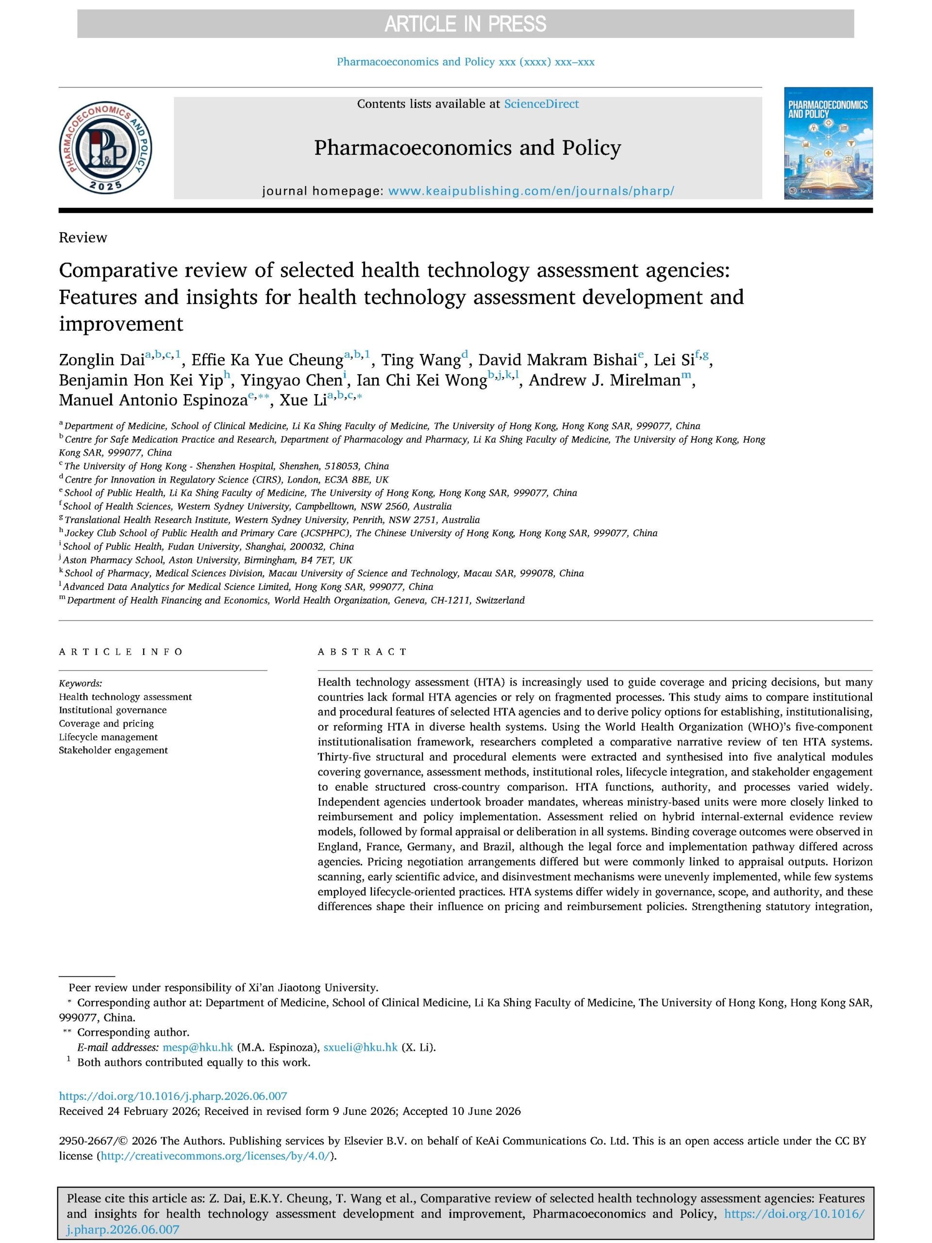 Front cover of Dai et al 2026 publication entitlted Comparative review of selected HTA agencies